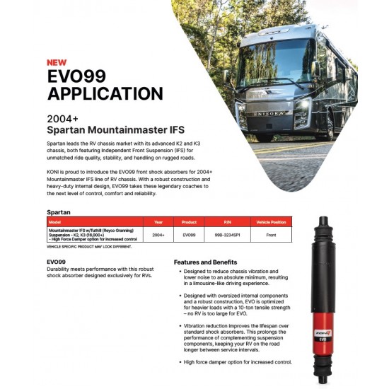 99B-3234SP1 - FRONT *High Force* Spartan K2, K3 MountainMaster 18K+ / Tiffin Allegro Bus w/ PowerGlide Chassis Reyco IFS (Koni EVO High Force) 99B-3234SP1 - FRONT *High Force* Spartan K2, K3 MountainMaster 18K+ / Tiffin Allegro Bus w/ PowerGlide Chassis Reyco IFS (Koni EVO High Force)