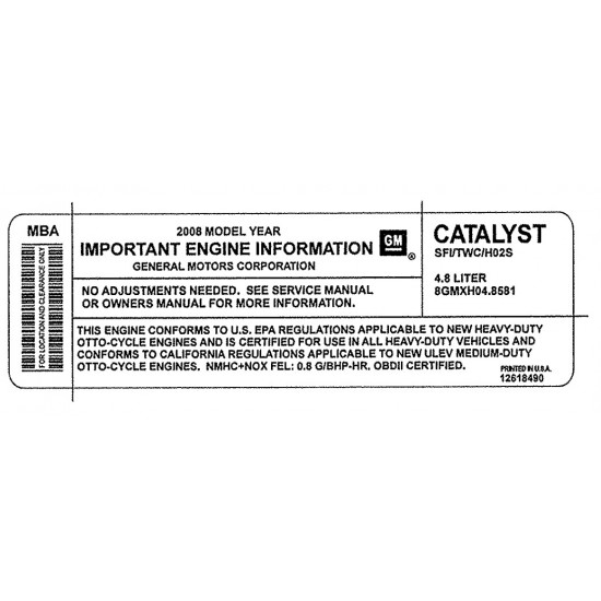 12618490  -  Label - Vehicle Emissions Control Info (2008 LY2 4.8L) 