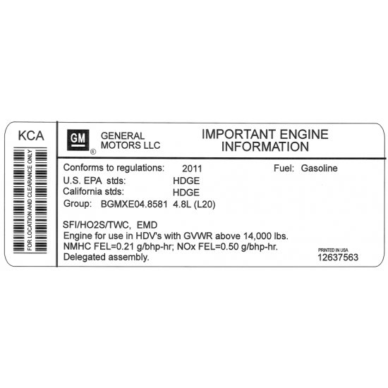 12637563  -  Label - Vehicle Emission (2011 W42 w/ L20)