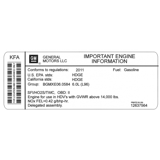 12637564  -  Label - Vehicle Emissions (2011 W62 w/ L96)