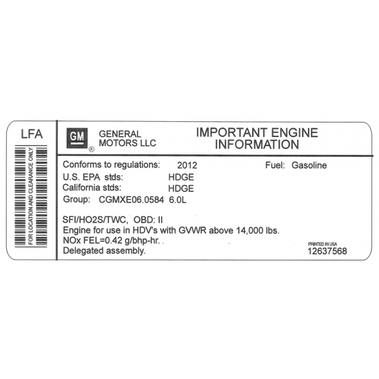 12637568  -  Label - Vehicle Emissions (2012 W62 w/ L96)