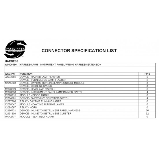 W0000186  -  HARNESS ASM - INSTRUMENT PANEL WIRING EXTENSION